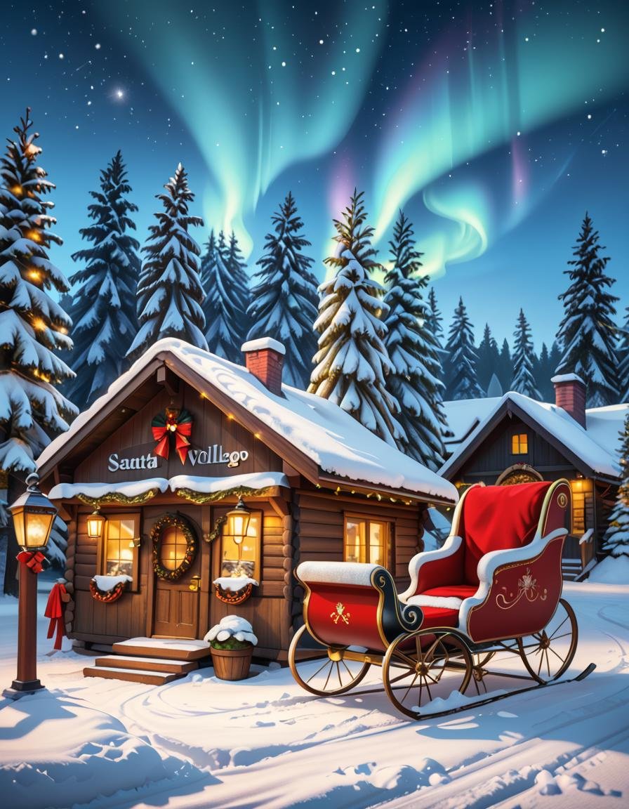 A magical winter scene in Santa Claus Village,  Rovaniemi,  Finland. A cozy wooden cabin with festive decorations stands i...