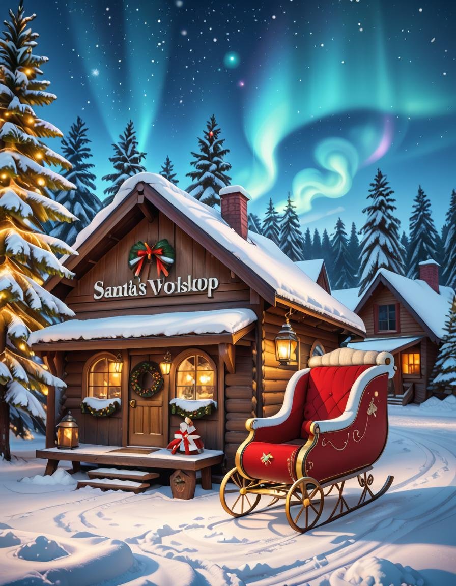 A magical winter scene in Santa Claus Village,  Rovaniemi,  Finland. A cozy wooden cabin with festive decorations stands i...
