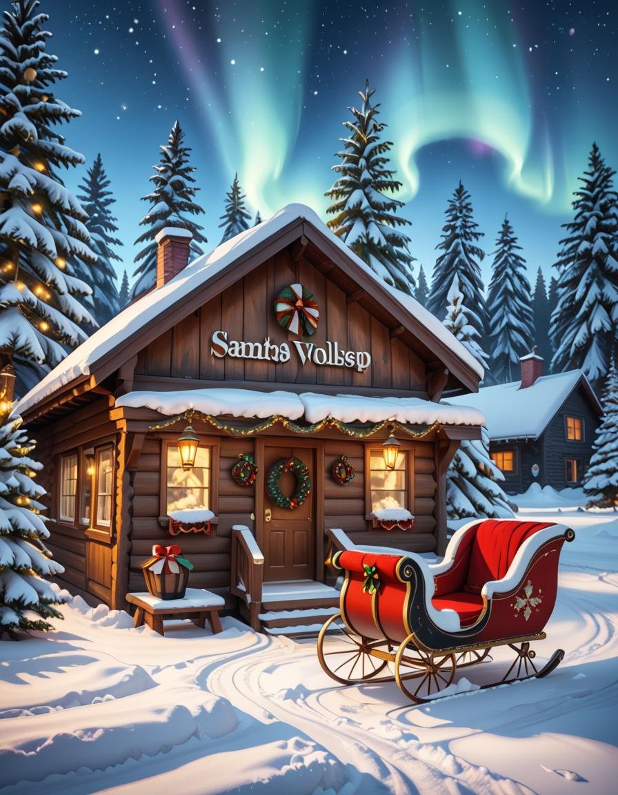 A magical winter scene in Santa Claus Village,  Rovaniemi,  Finland. A cozy wooden cabin with festive decorations stands i...