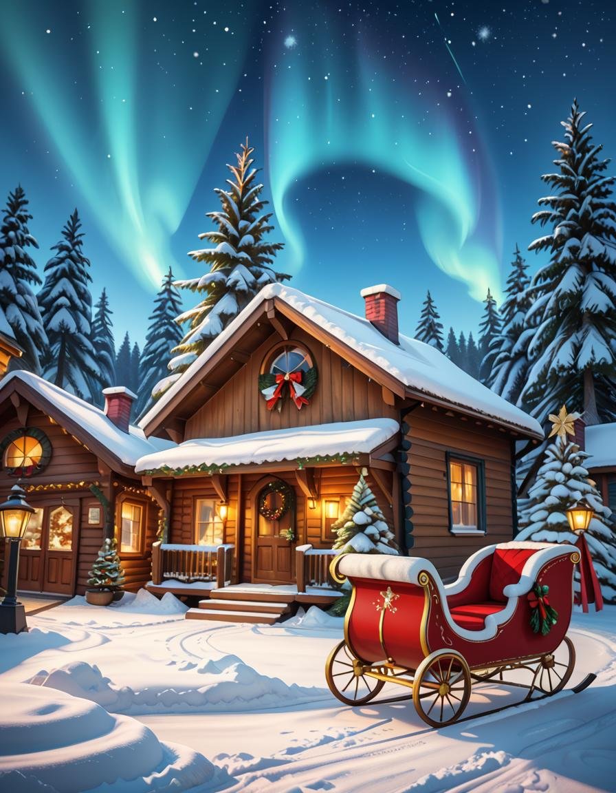 A magical winter scene in Santa Claus Village,  Rovaniemi,  Finland. A cozy wooden cabin with festive decorations stands i...