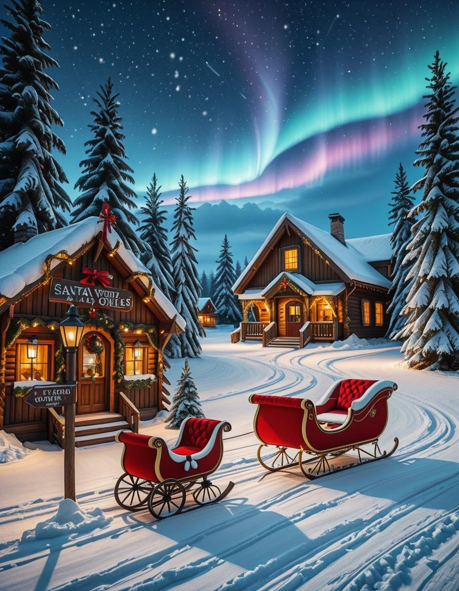 A magical winter scene in Santa Claus Village,  Rovaniemi,  Finland. A cozy wooden cabin with festive decorations stands i...