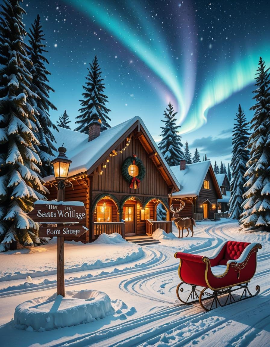 A magical winter scene in Santa Claus Village,  Rovaniemi,  Finland. A cozy wooden cabin with festive decorations stands i...