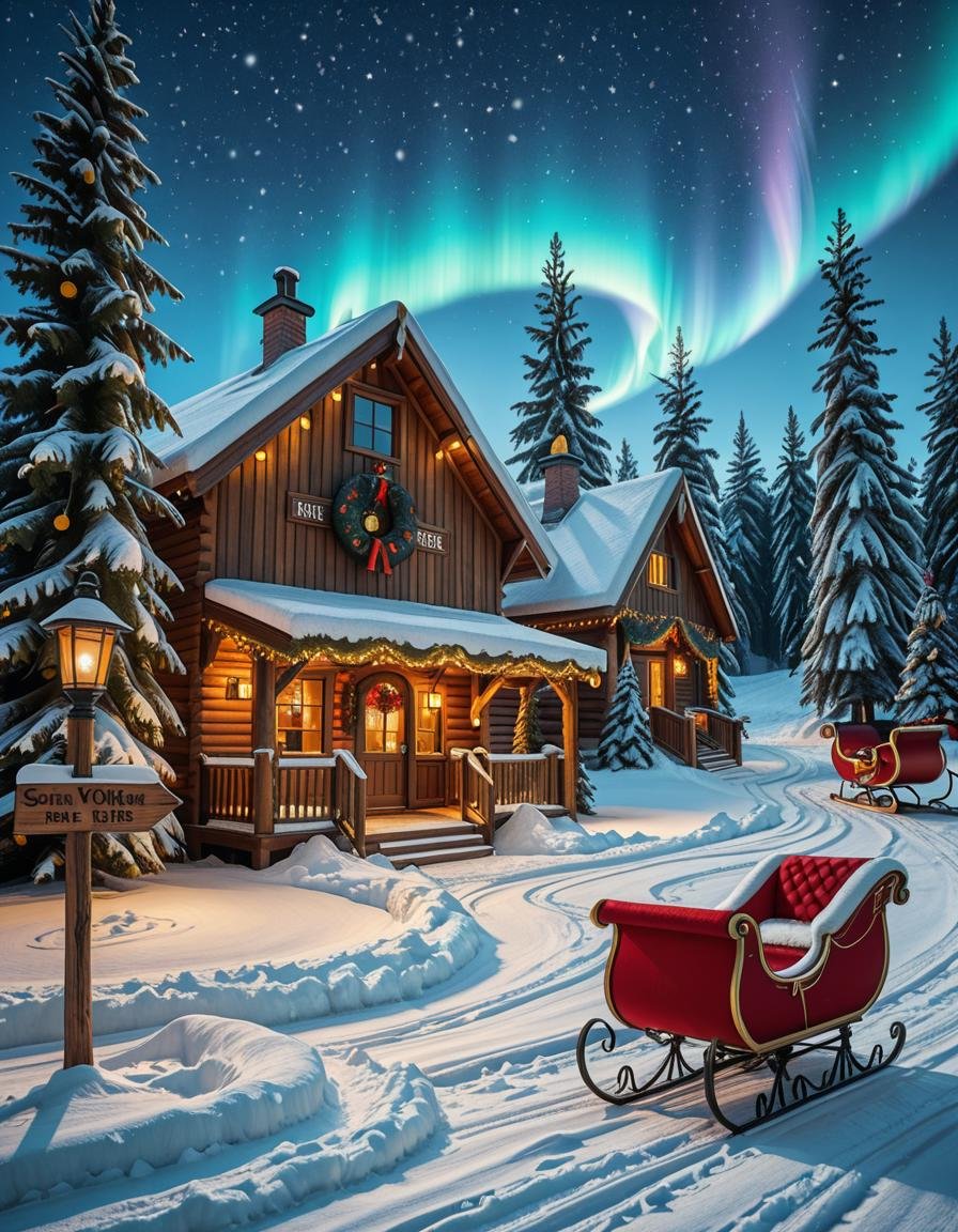 A magical winter scene in Santa Claus Village,  Rovaniemi,  Finland. A cozy wooden cabin with festive decorations stands i...