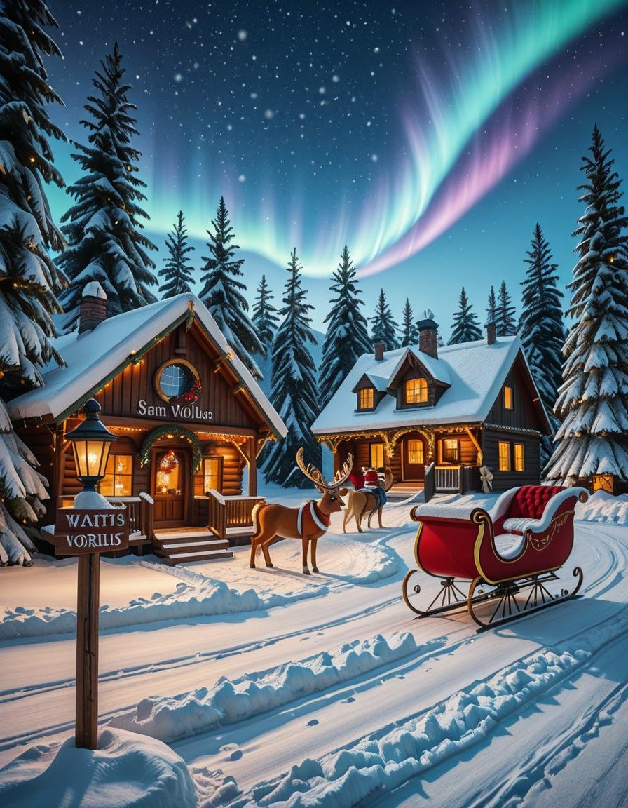A magical winter scene in Santa Claus Village,  Rovaniemi,  Finland. A cozy wooden cabin with festive decorations stands i...