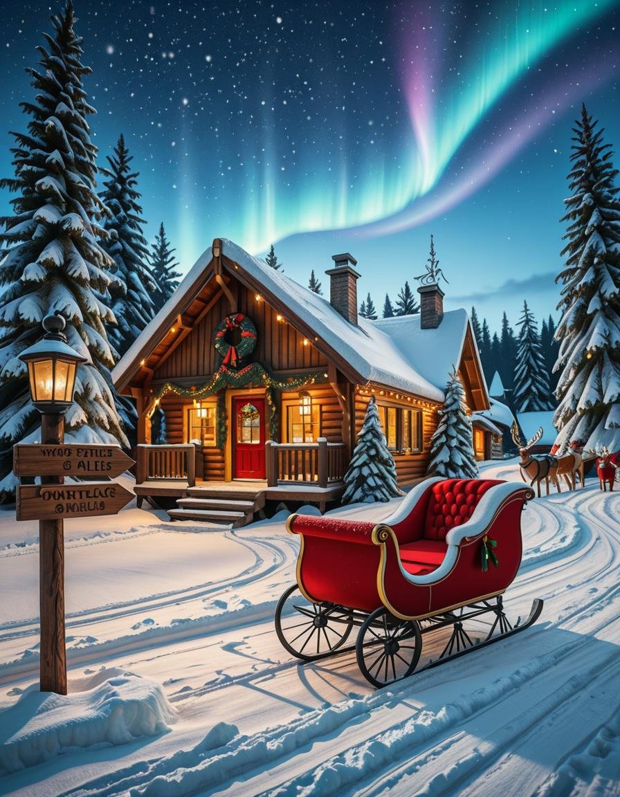 A magical winter scene in Santa Claus Village,  Rovaniemi,  Finland. A cozy wooden cabin with festive decorations stands i...
