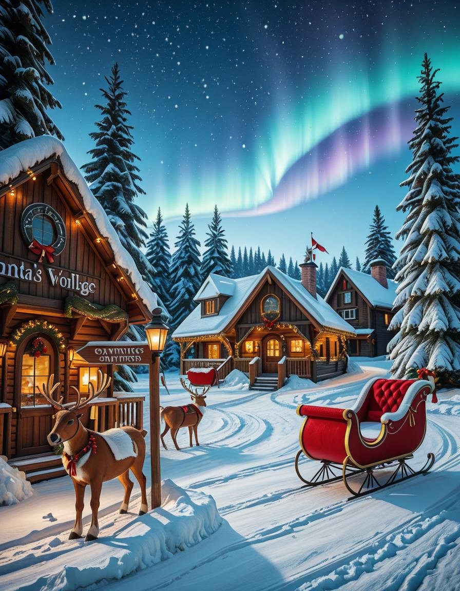 A magical winter scene in Santa Claus Village,  Rovaniemi,  Finland. A cozy wooden cabin with festive decorations stands i...
