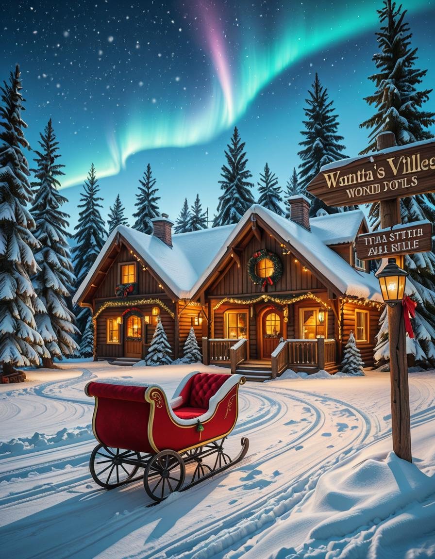 A magical winter scene in Santa Claus Village,  Rovaniemi,  Finland. A cozy wooden cabin with festive decorations stands i...