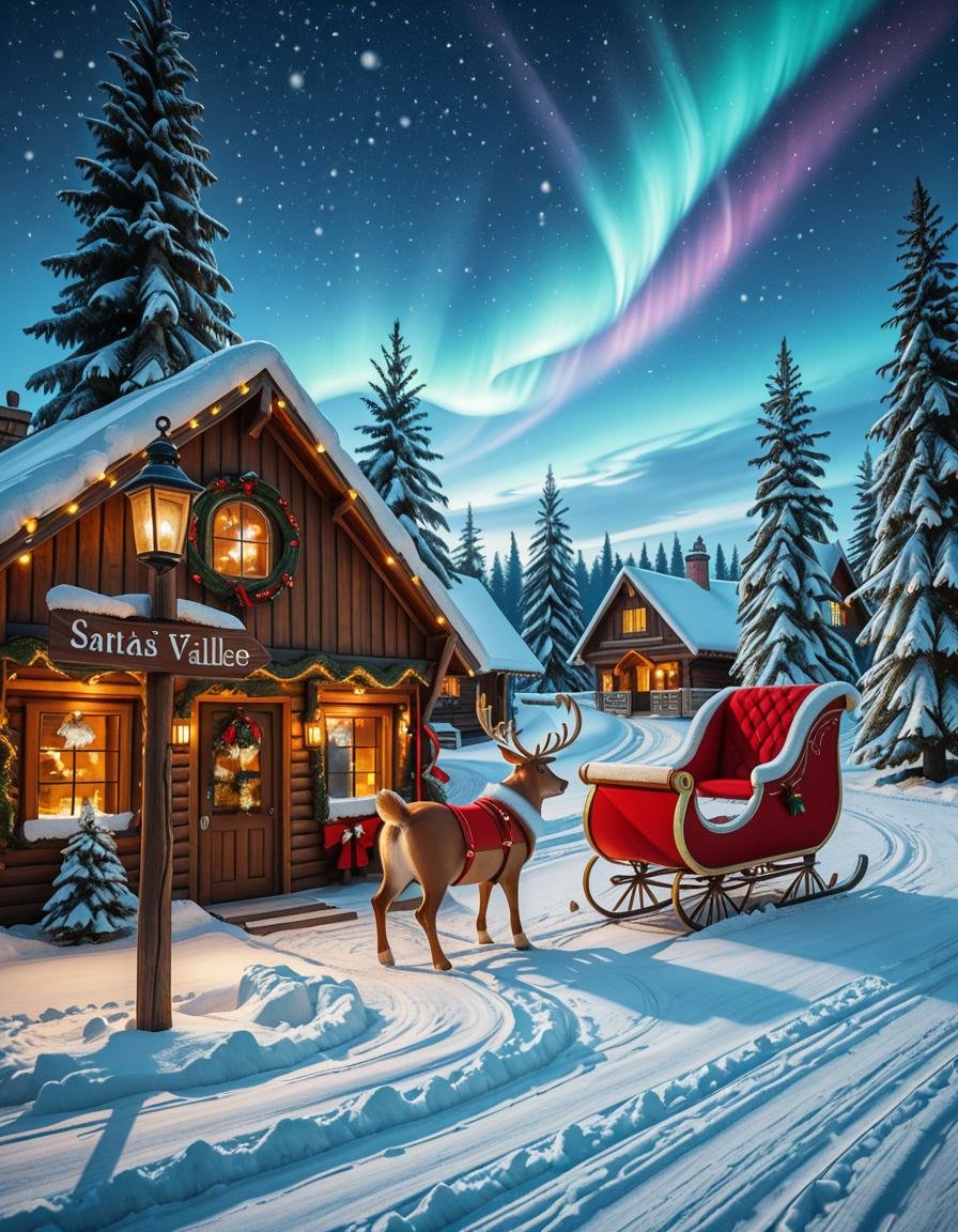 A magical winter scene in Santa Claus Village,  Rovaniemi,  Finland. A cozy wooden cabin with festive decorations stands i...
