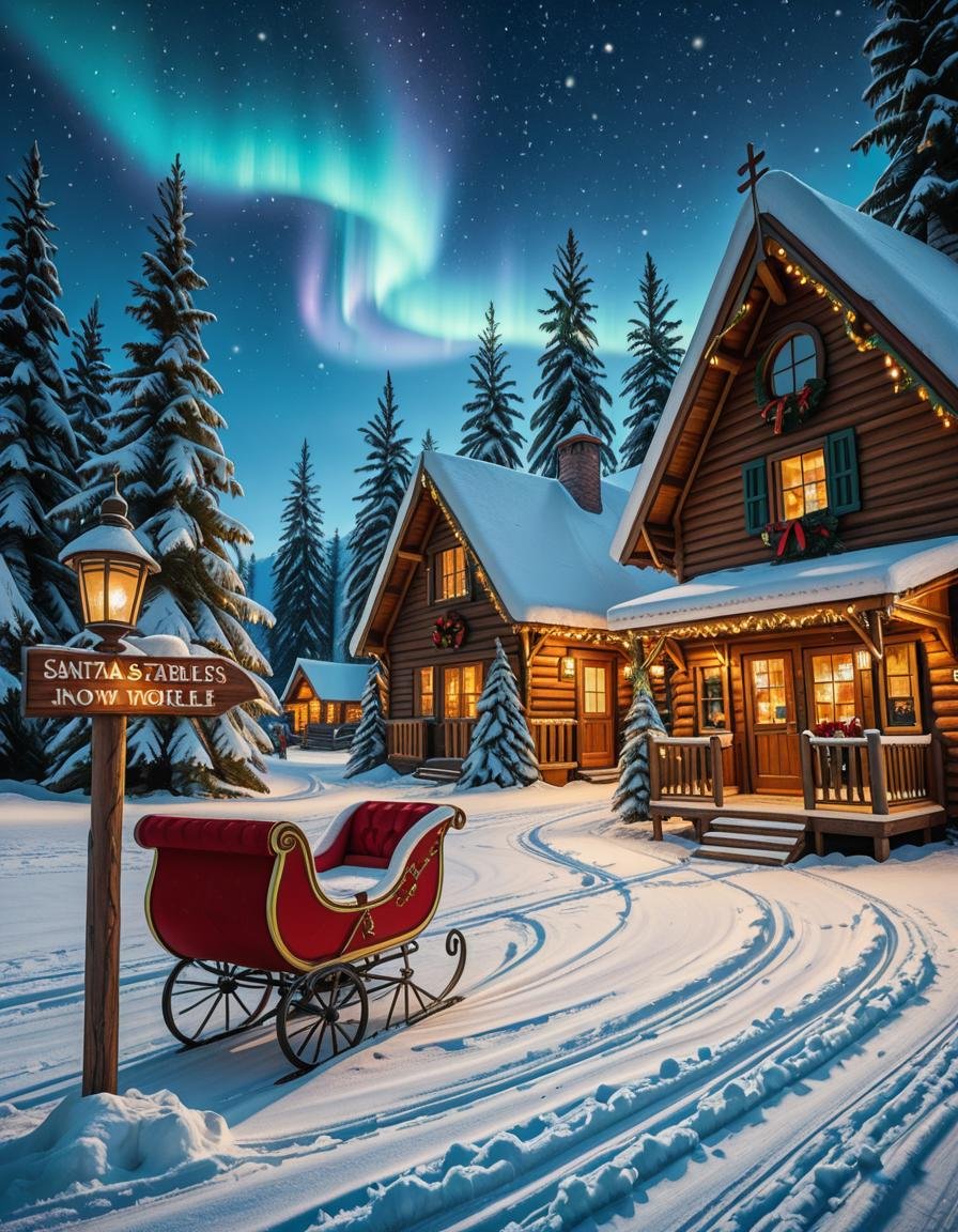 A magical winter scene in Santa Claus Village,  Rovaniemi,  Finland. A cozy wooden cabin with festive decorations stands i...