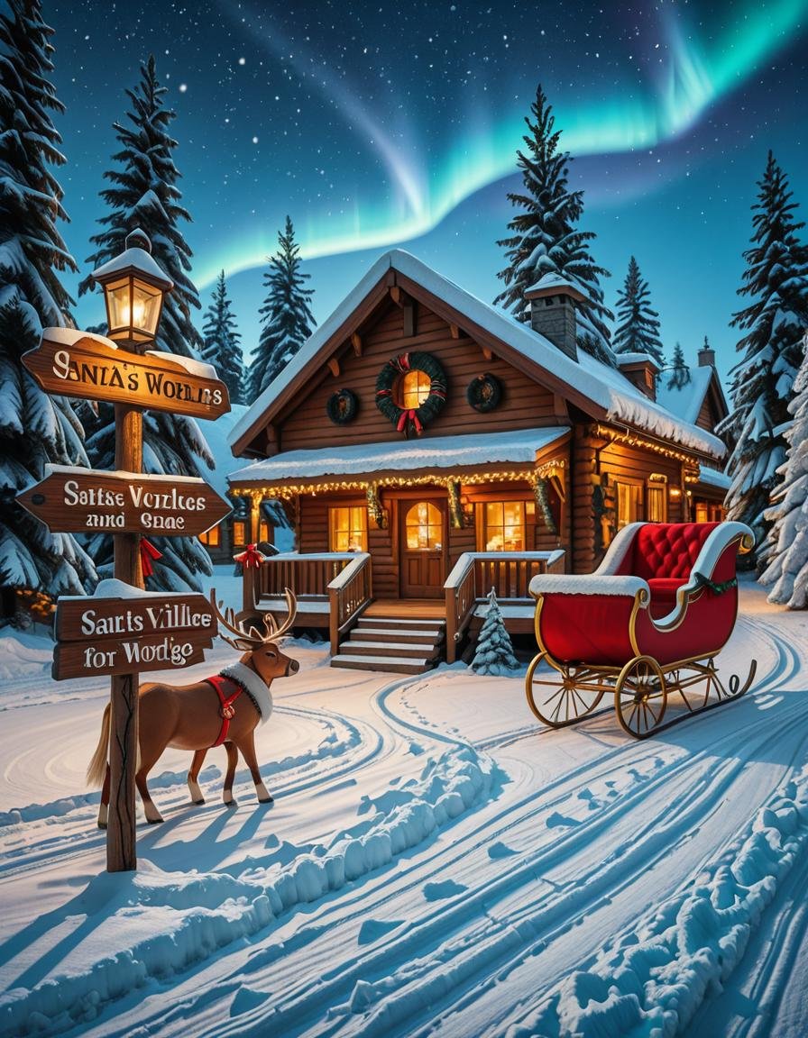 A magical winter scene in Santa Claus Village,  Rovaniemi,  Finland. A cozy wooden cabin with festive decorations stands i...