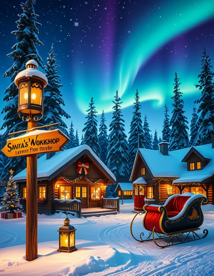 A magical winter scene in Santa Claus Village,  Rovaniemi,  Finland. A cozy wooden cabin with festive decorations stands i...