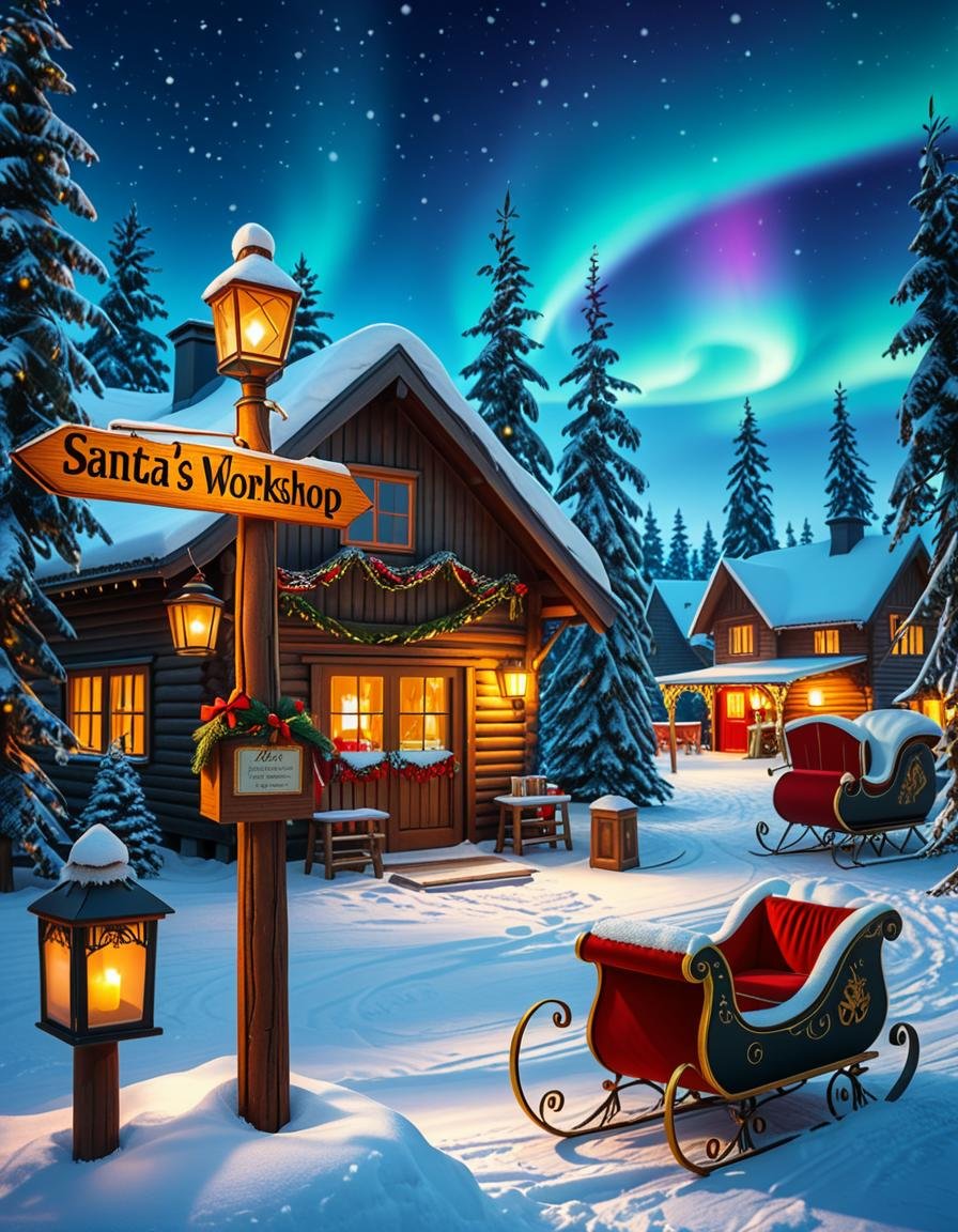 A magical winter scene in Santa Claus Village,  Rovaniemi,  Finland. A cozy wooden cabin with festive decorations stands i...