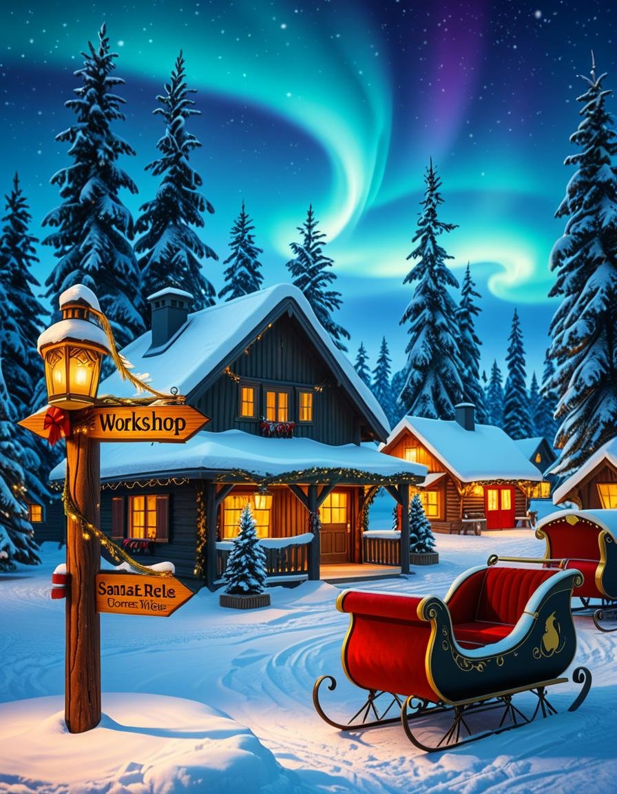 A magical winter scene in Santa Claus Village,  Rovaniemi,  Finland. A cozy wooden cabin with festive decorations stands i...