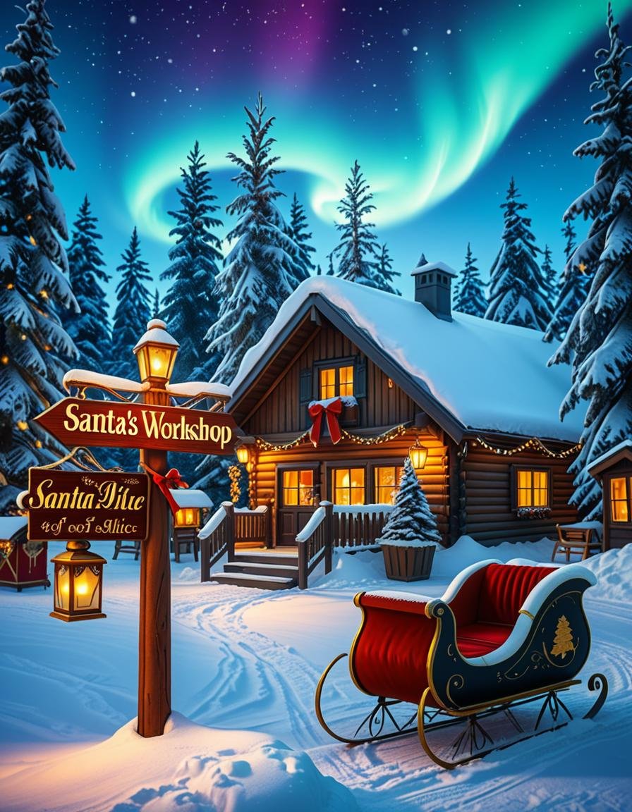 A magical winter scene in Santa Claus Village,  Rovaniemi,  Finland. A cozy wooden cabin with festive decorations stands i...