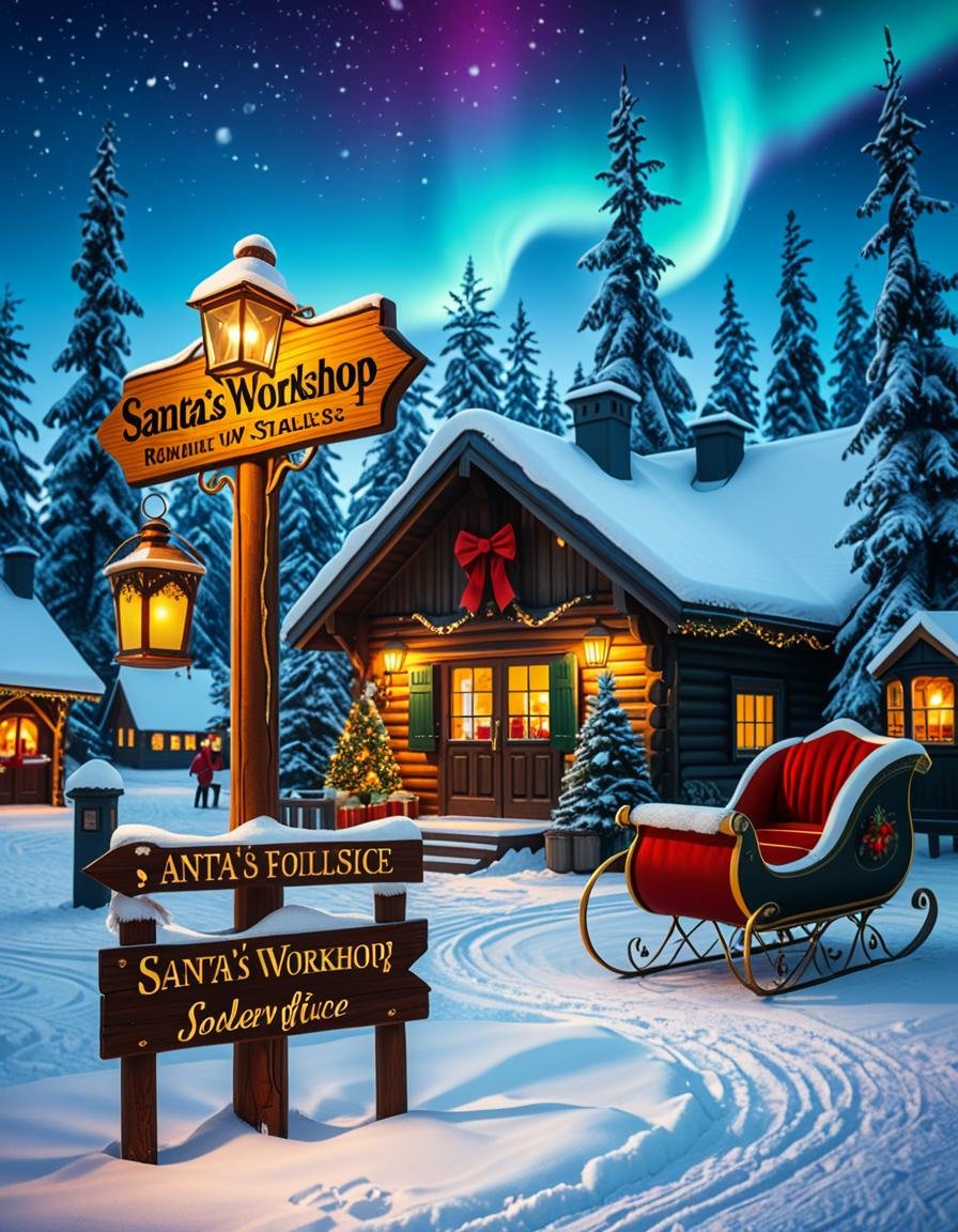 A magical winter scene in Santa Claus Village,  Rovaniemi,  Finland. A cozy wooden cabin with festive decorations stands i...