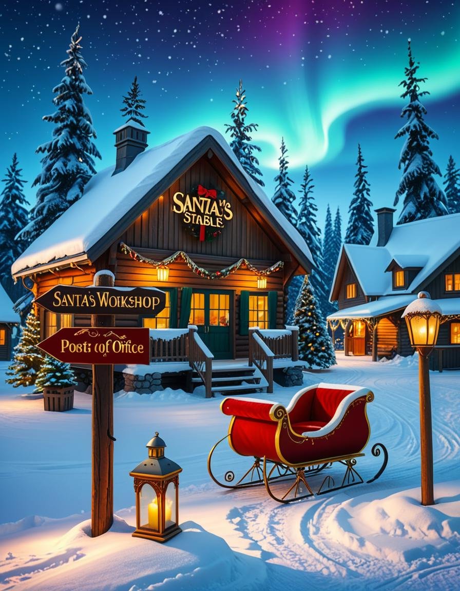 A magical winter scene in Santa Claus Village,  Rovaniemi,  Finland. A cozy wooden cabin with festive decorations stands i...