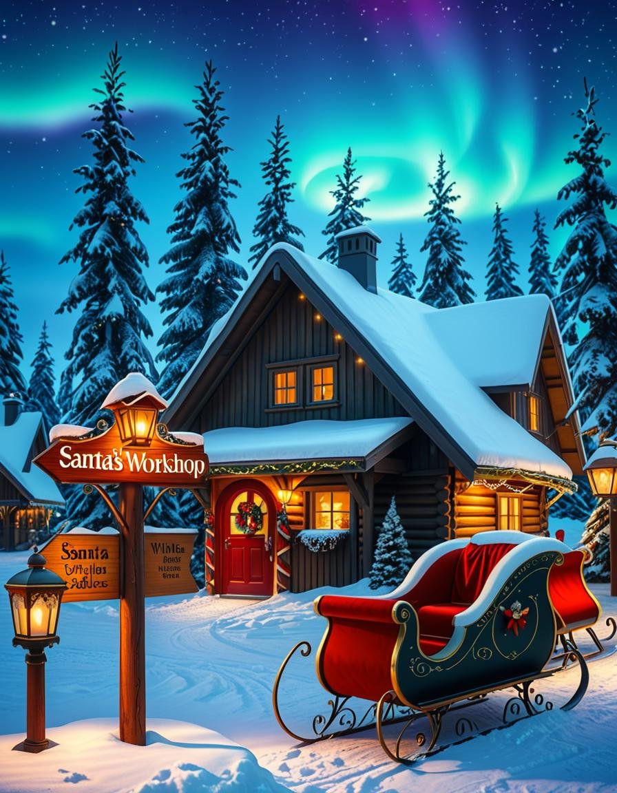A magical winter scene in Santa Claus Village,  Rovaniemi,  Finland. A cozy wooden cabin with festive decorations stands i...