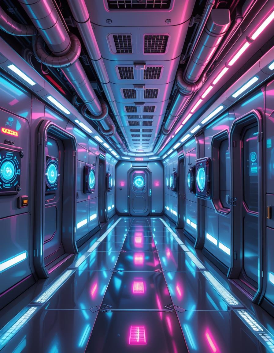A highly detailed futuristic spaceship corridor,  illuminated by soft neon blue and purple lights. The walls are made of s...