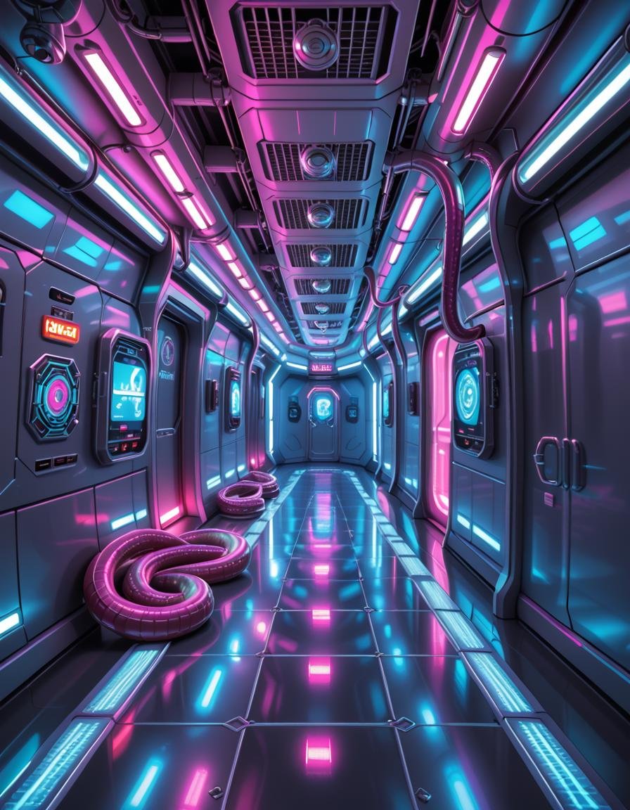 A highly detailed futuristic spaceship corridor,  illuminated by soft neon blue and purple lights. The walls are made of s...