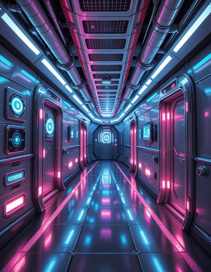 A highly detailed futuristic spaceship corridor,  illuminated by soft neon blue and purple lights. The walls are made of s...