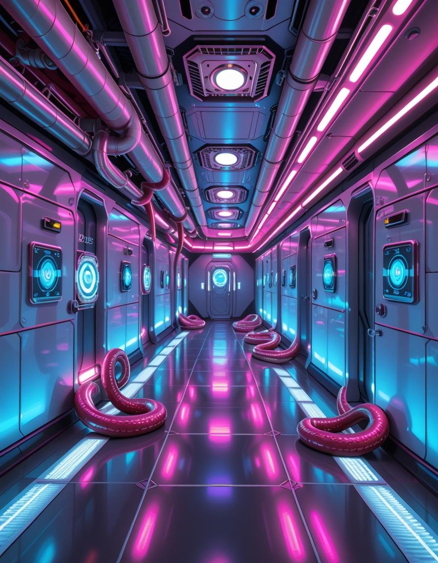 A highly detailed futuristic spaceship corridor,  illuminated by soft neon blue and purple lights. The walls are made of s...
