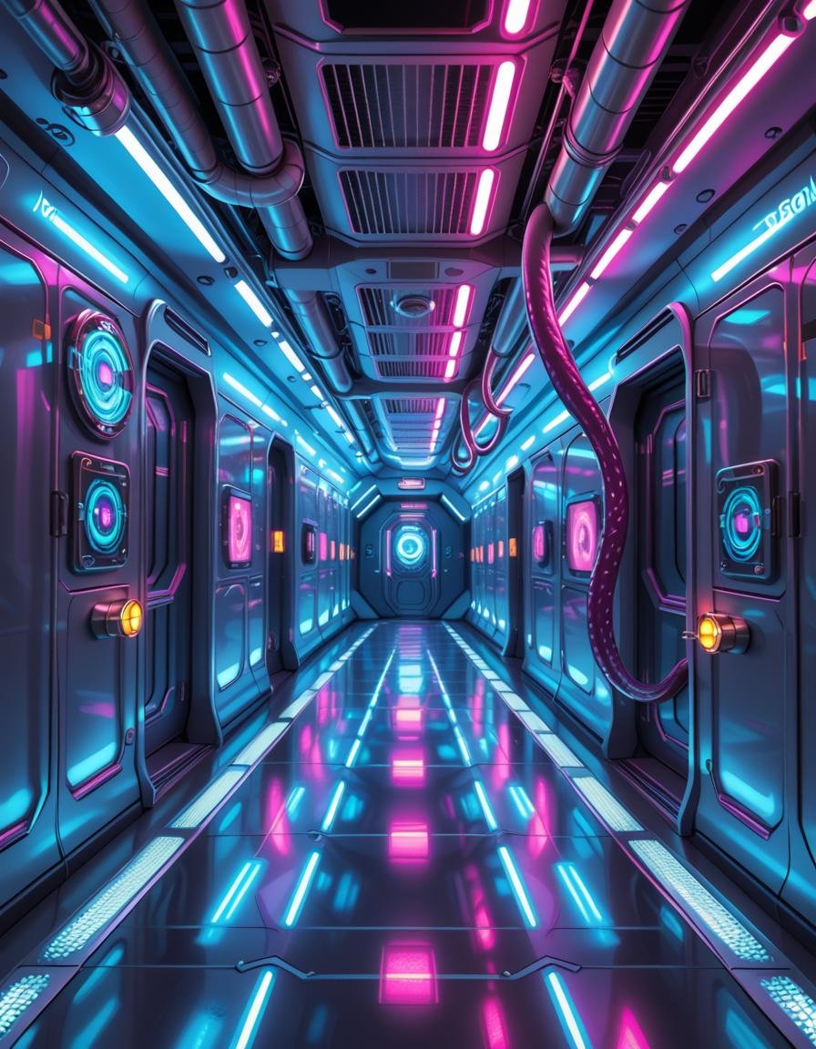 A highly detailed futuristic spaceship corridor,  illuminated by soft neon blue and purple lights. The walls are made of s...