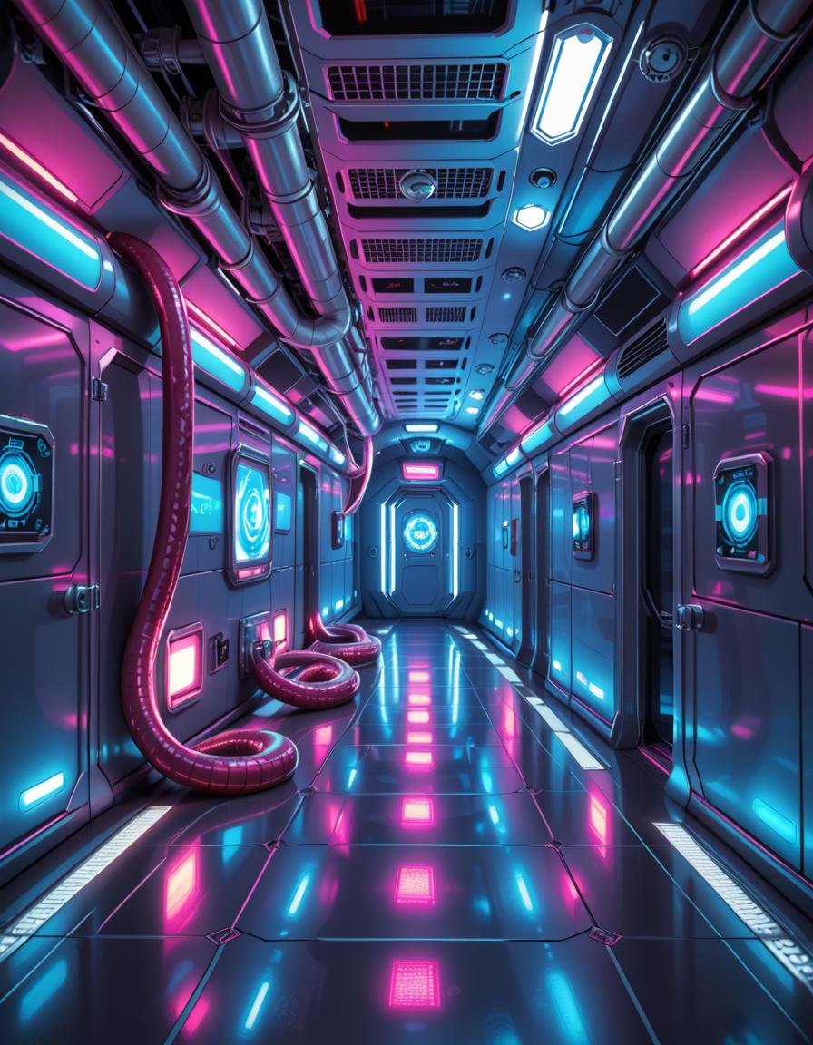 A highly detailed futuristic spaceship corridor,  illuminated by soft neon blue and purple lights. The walls are made of s...
