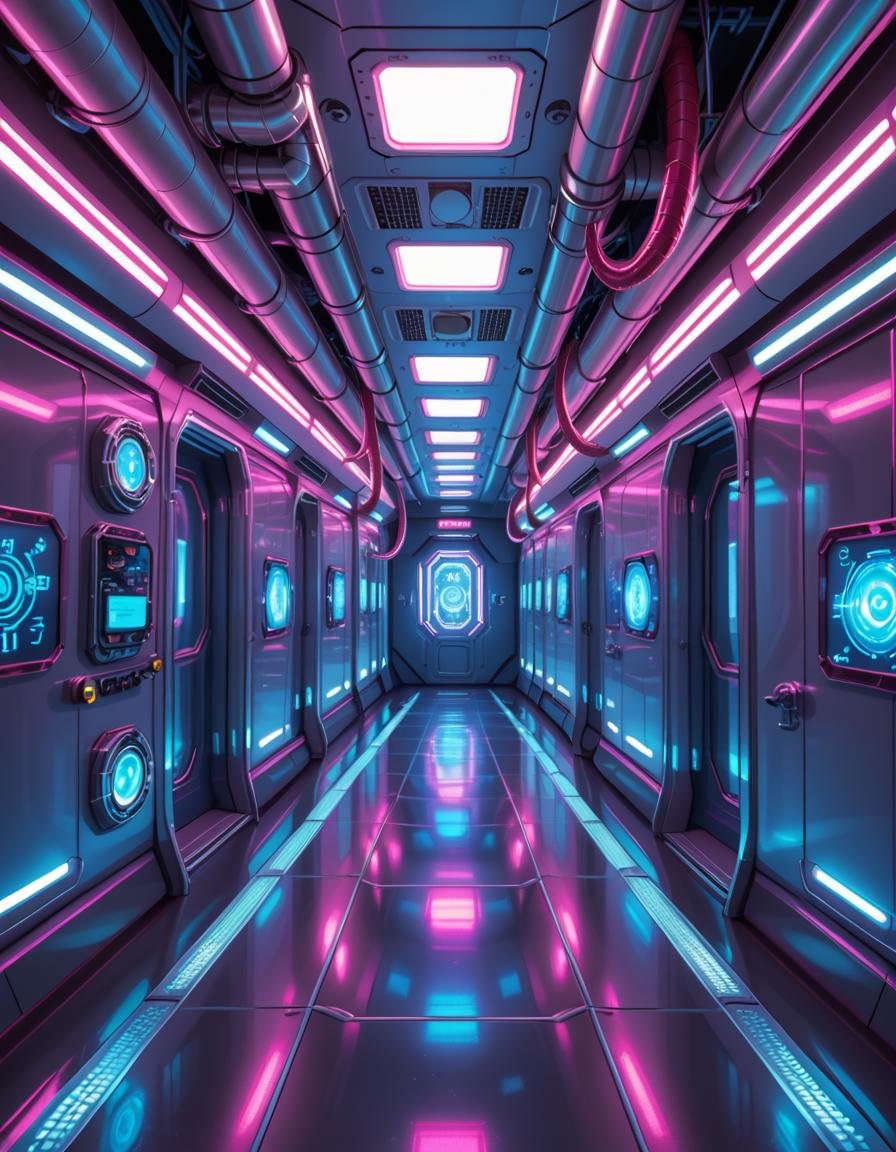 A highly detailed futuristic spaceship corridor,  illuminated by soft neon blue and purple lights. The walls are made of s...