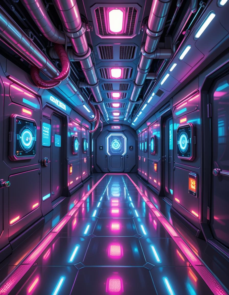 A highly detailed futuristic spaceship corridor,  illuminated by soft neon blue and purple lights. The walls are made of s...