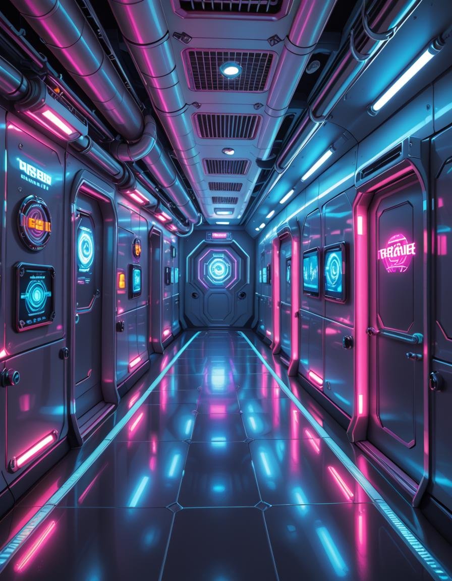 A highly detailed futuristic spaceship corridor,  illuminated by soft neon blue and purple lights. The walls are made of s...