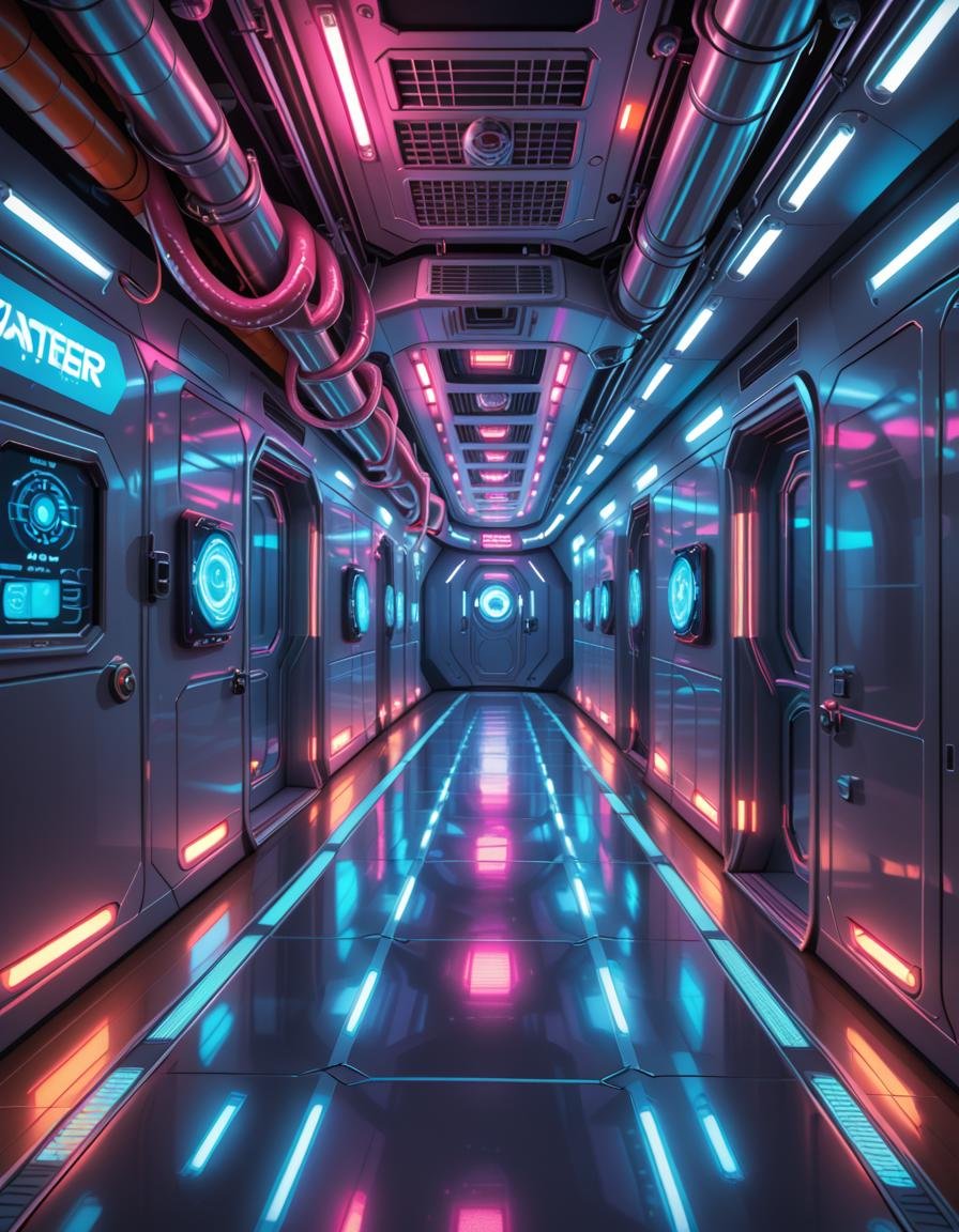 A highly detailed futuristic spaceship corridor,  illuminated by soft neon blue and purple lights. The walls are made of s...
