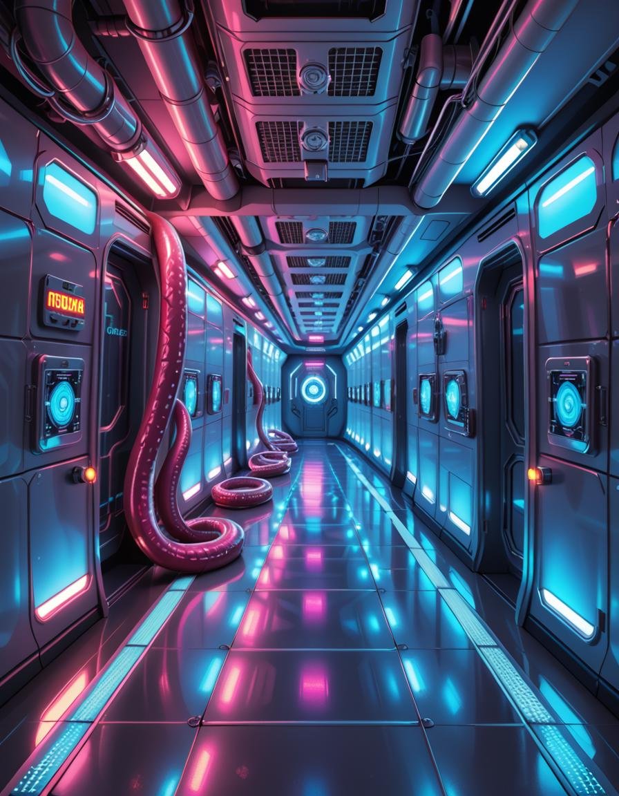 A highly detailed futuristic spaceship corridor,  illuminated by soft neon blue and purple lights. The walls are made of s...