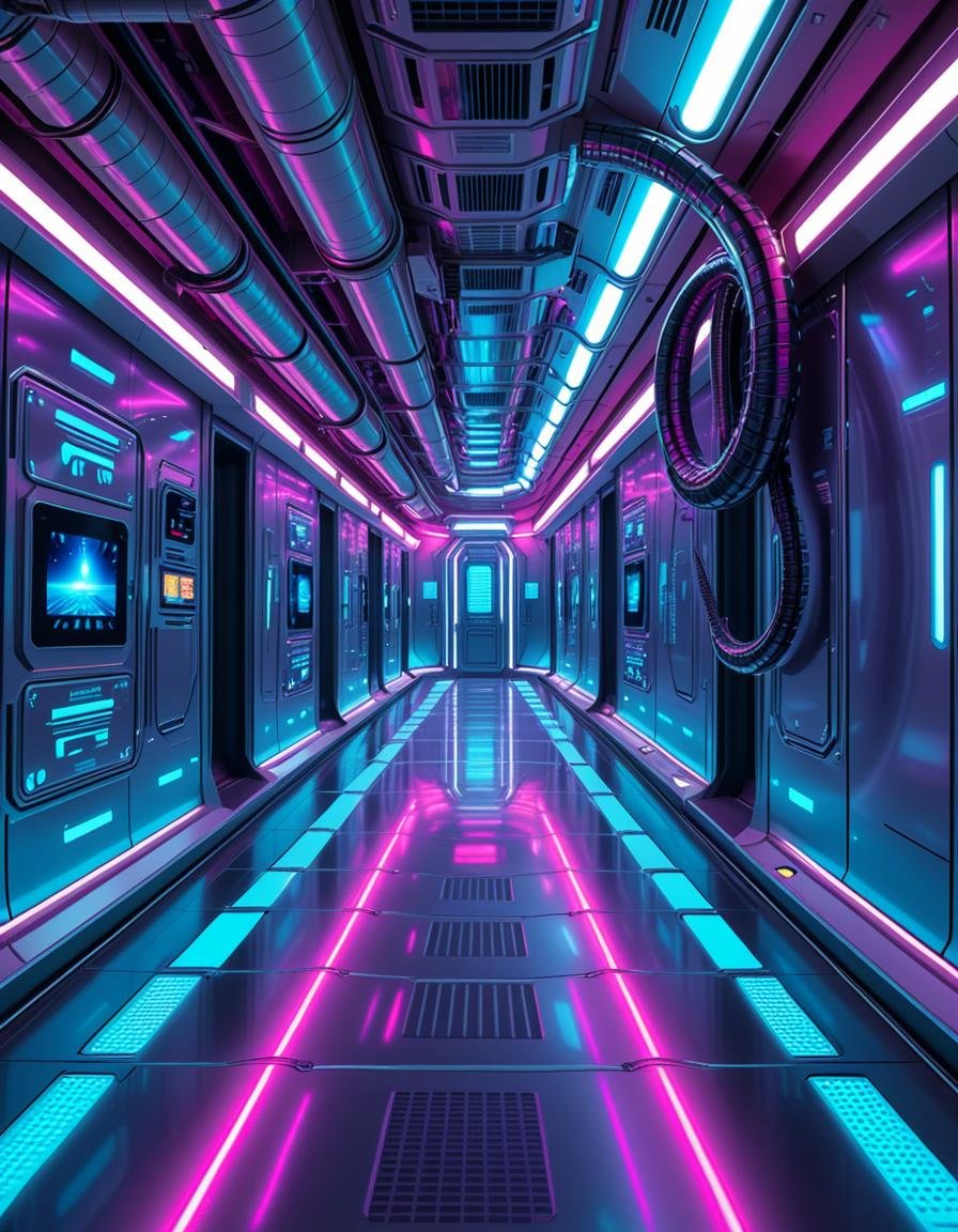 A highly detailed futuristic spaceship corridor,  illuminated by soft neon blue and purple lights. The walls are made of s...