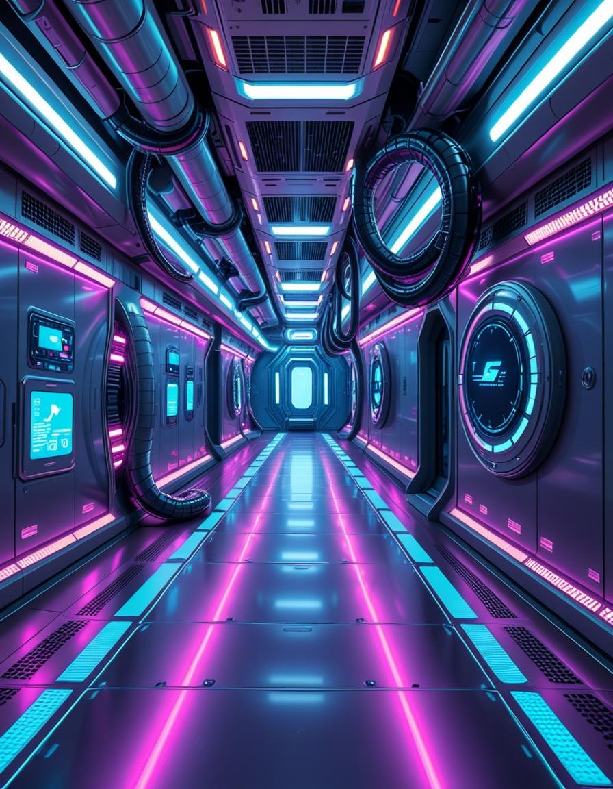 A highly detailed futuristic spaceship corridor,  illuminated by soft neon blue and purple lights. The walls are made of s...