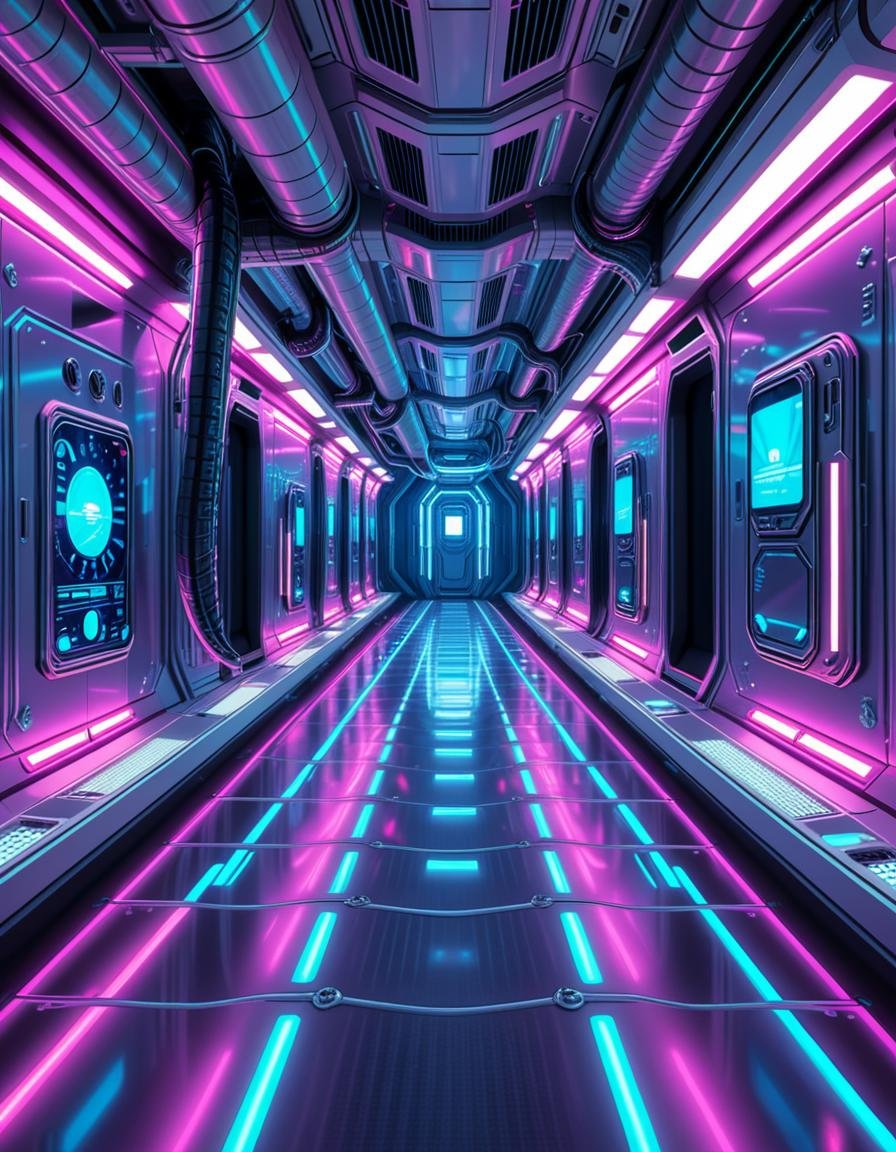 A highly detailed futuristic spaceship corridor,  illuminated by soft neon blue and purple lights. The walls are made of s...