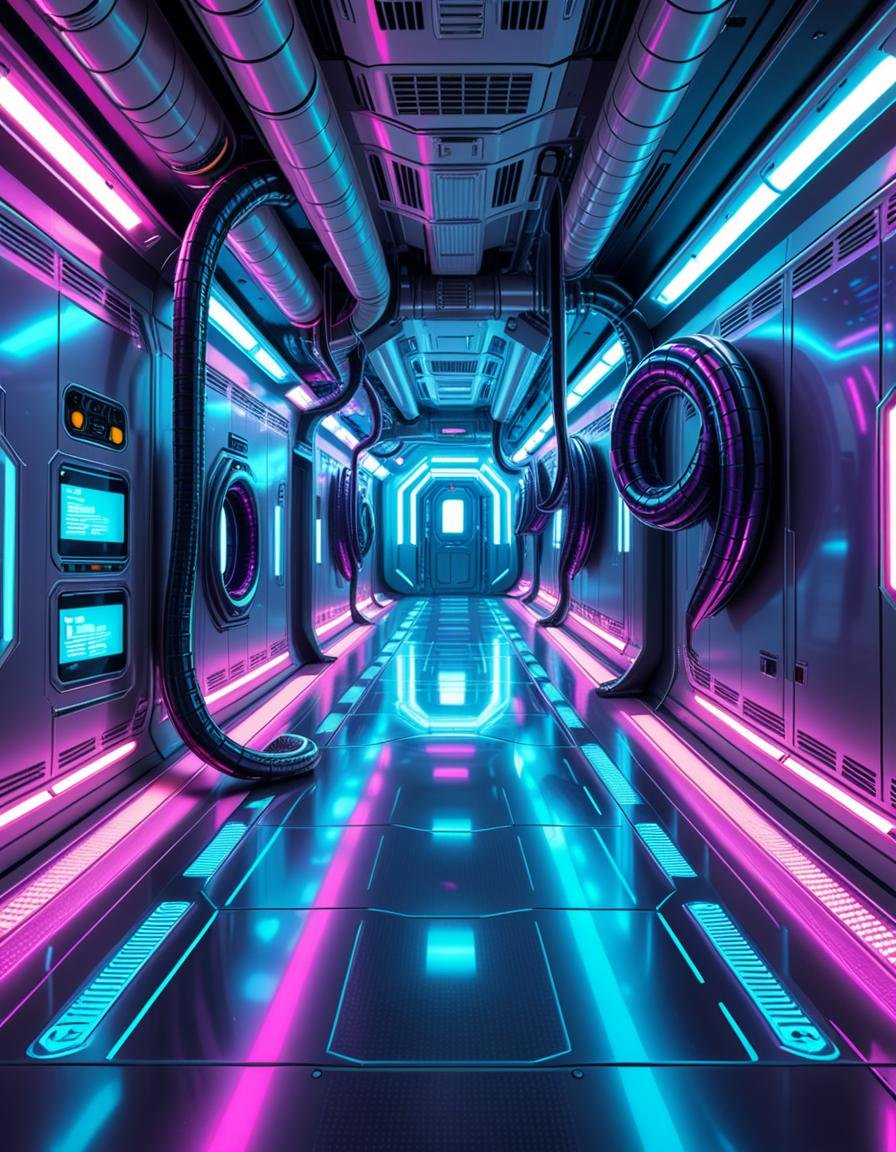 A highly detailed futuristic spaceship corridor,  illuminated by soft neon blue and purple lights. The walls are made of s...