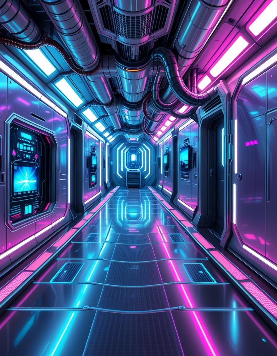 A highly detailed futuristic spaceship corridor,  illuminated by soft neon blue and purple lights. The walls are made of s...