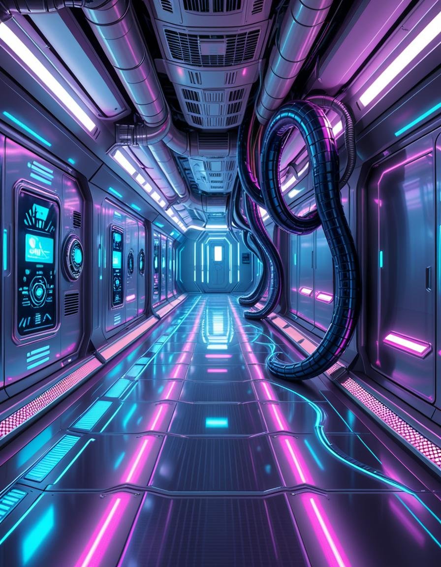 A highly detailed futuristic spaceship corridor,  illuminated by soft neon blue and purple lights. The walls are made of s...
