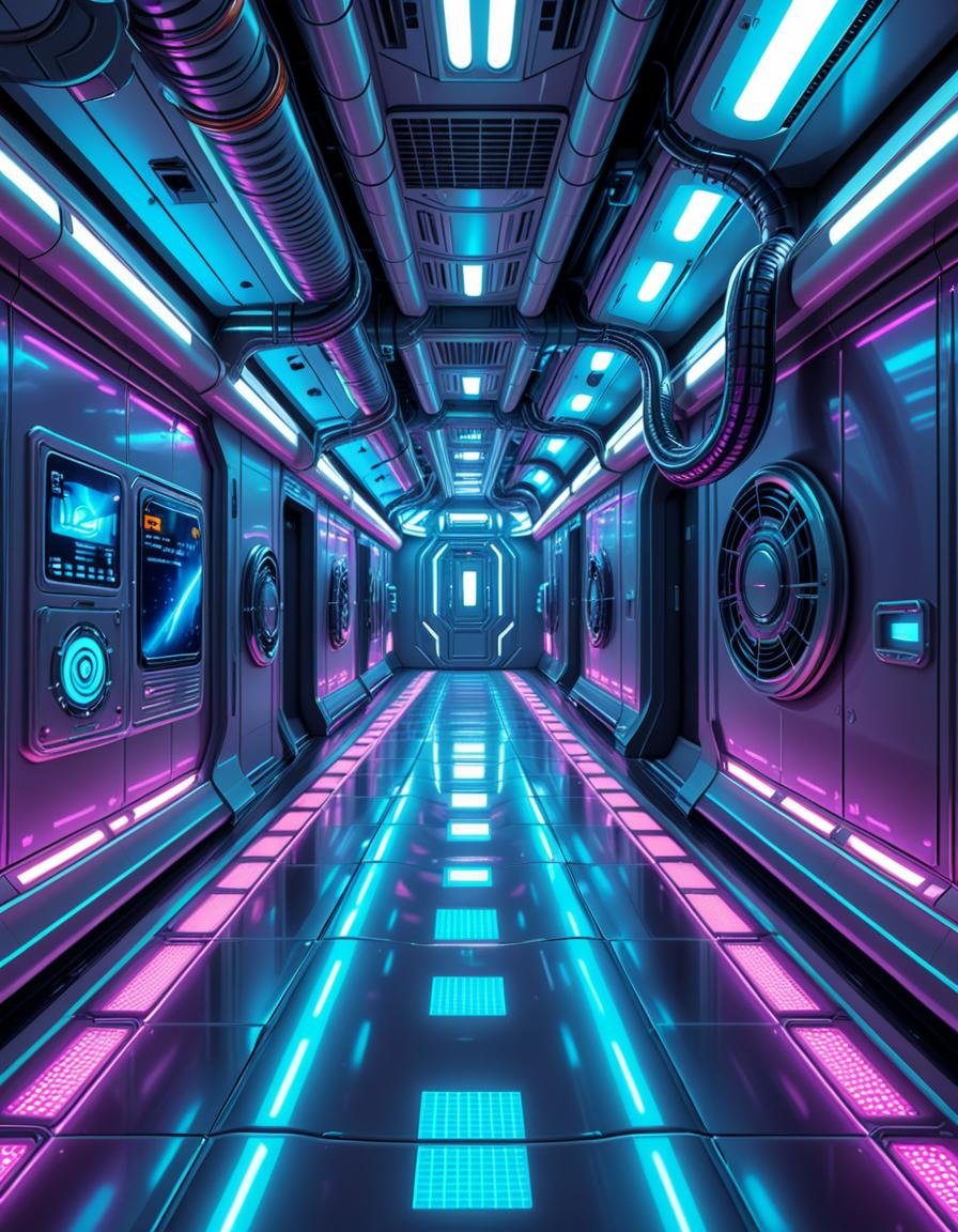 A highly detailed futuristic spaceship corridor,  illuminated by soft neon blue and purple lights. The walls are made of s...