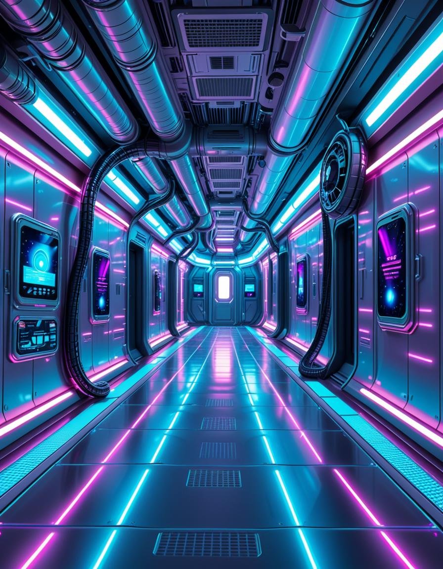 A highly detailed futuristic spaceship corridor,  illuminated by soft neon blue and purple lights. The walls are made of s...