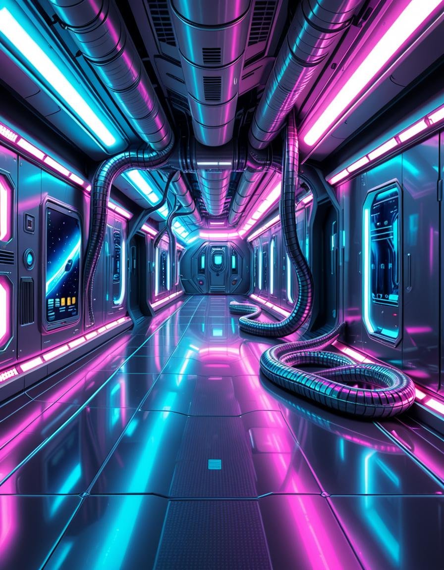 A highly detailed futuristic spaceship corridor,  illuminated by soft neon blue and purple lights. The walls are made of s...
