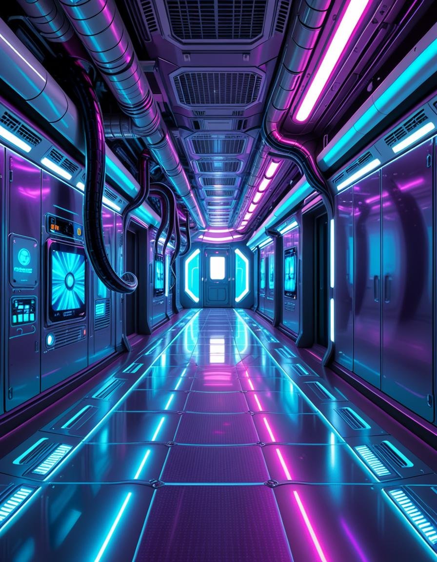 A highly detailed futuristic spaceship corridor,  illuminated by soft neon blue and purple lights. The walls are made of s...