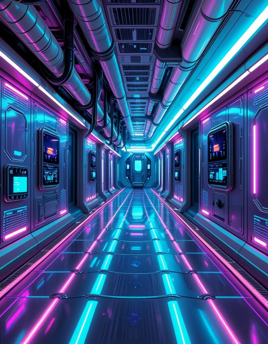 A highly detailed futuristic spaceship corridor,  illuminated by soft neon blue and purple lights. The walls are made of s...