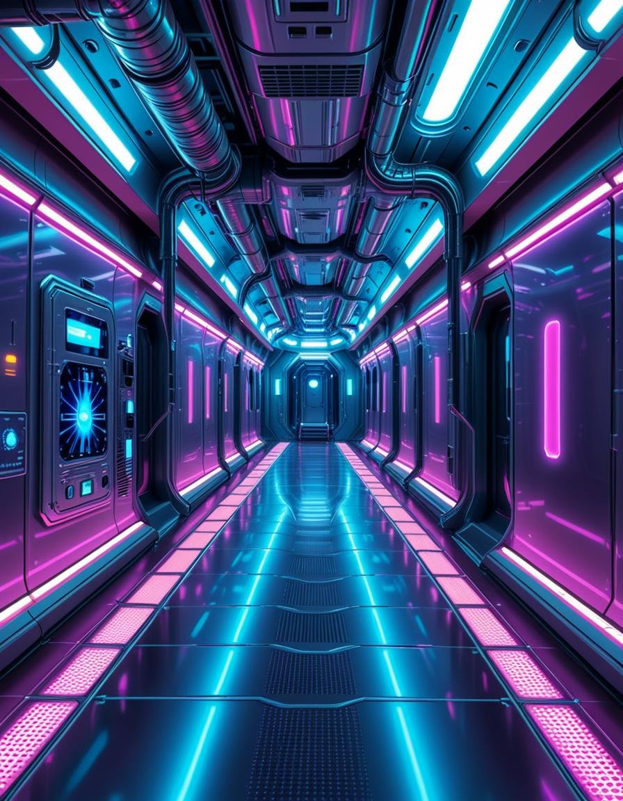 A highly detailed futuristic spaceship corridor,  illuminated by soft neon blue and purple lights. The walls are made of s...