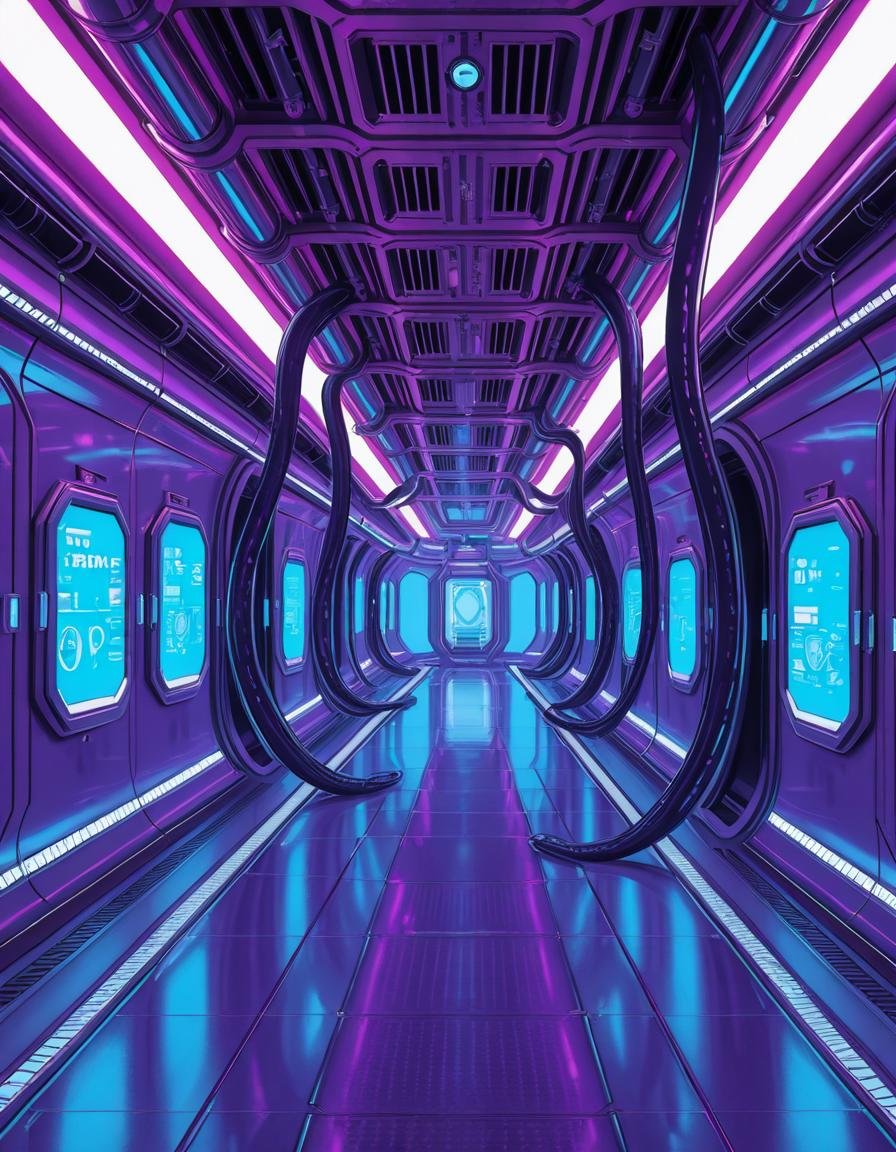 A highly detailed futuristic spaceship corridor,  illuminated by soft neon blue and purple lights. The walls are made of s...