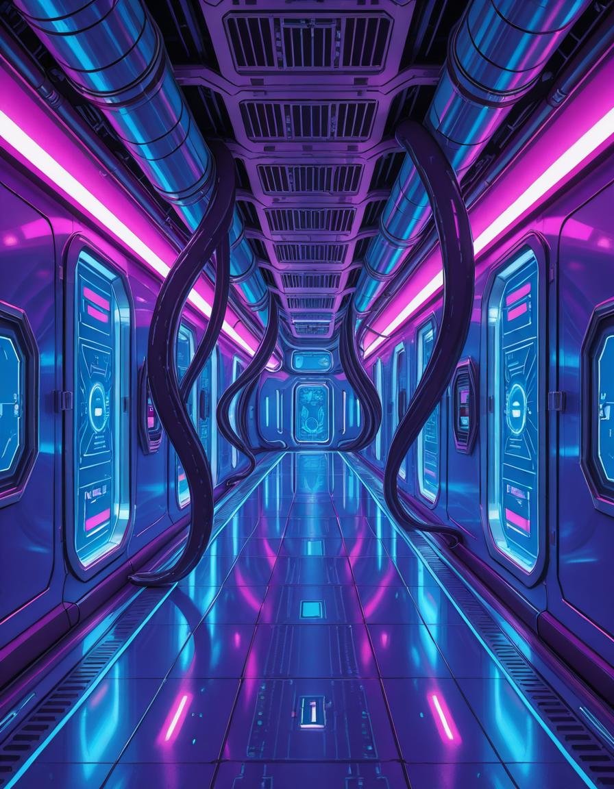 A highly detailed futuristic spaceship corridor,  illuminated by soft neon blue and purple lights. The walls are made of s...