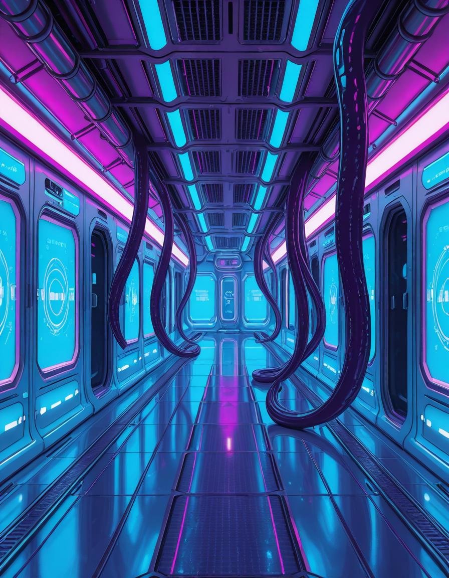 A highly detailed futuristic spaceship corridor,  illuminated by soft neon blue and purple lights. The walls are made of s...