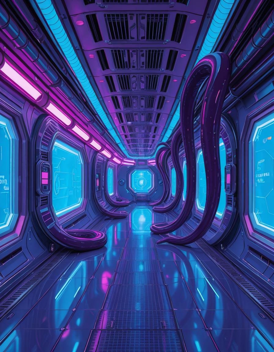 A highly detailed futuristic spaceship corridor,  illuminated by soft neon blue and purple lights. The walls are made of s...