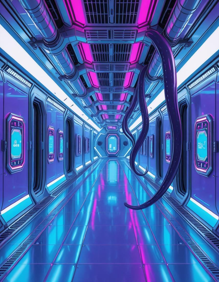 A highly detailed futuristic spaceship corridor,  illuminated by soft neon blue and purple lights. The walls are made of s...