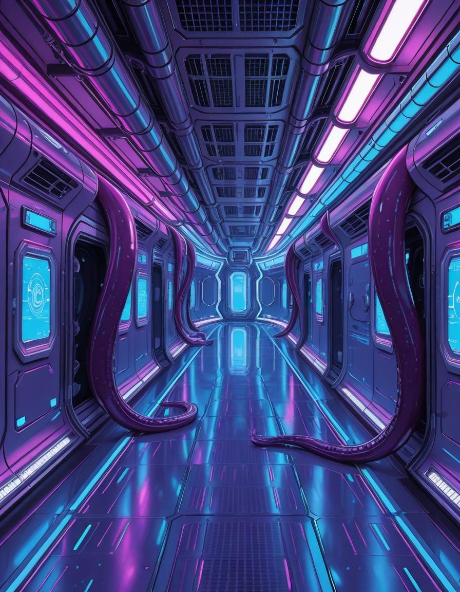 A highly detailed futuristic spaceship corridor,  illuminated by soft neon blue and purple lights. The walls are made of s...